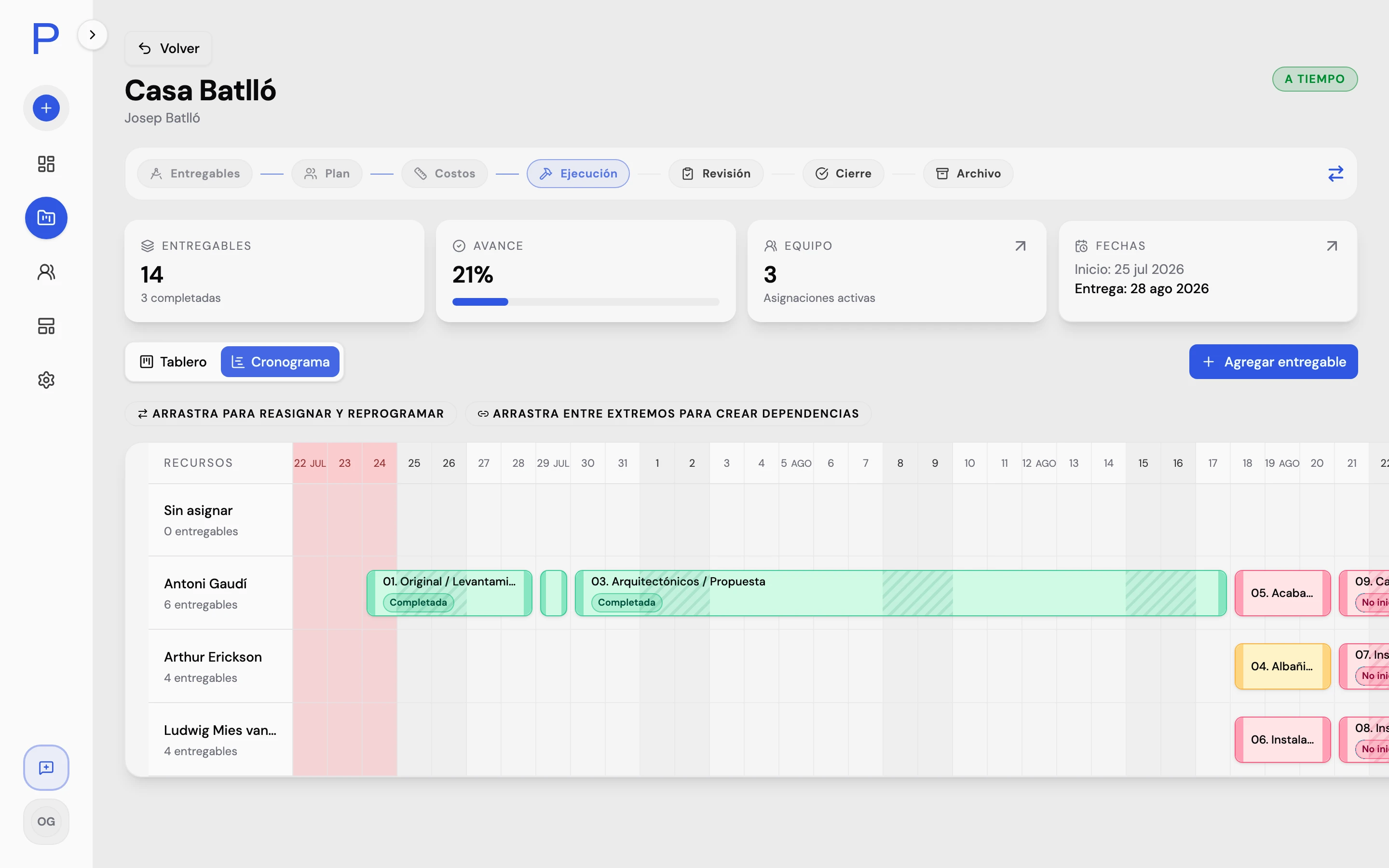 Cronograma de recursos en Planika Studio con la carga de trabajo de cada persona del despacho por proyecto
